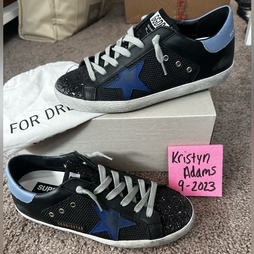 Black and Royal Blue Glitter Tongue Golden Goose Superstar Size 38